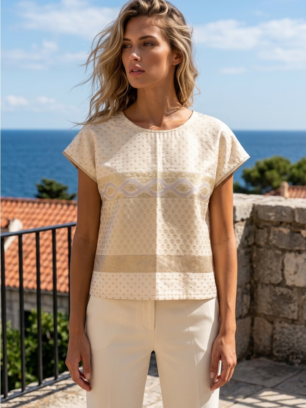 Marchesa Cream and Gold Short-Sleeve Blouse with Metallic Accents
